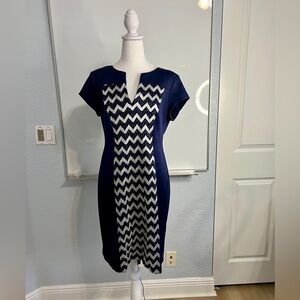 Connected Apparel Navy Blue Chevron Detail Dress Size 10